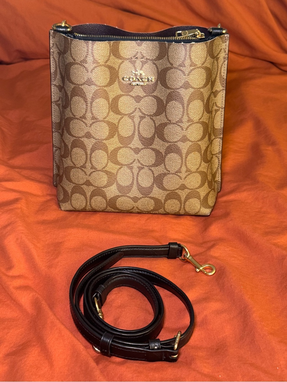 Coach Brown Signature Canvas Shoulder Bag with Black Handle and Trim - Picture 2 of 8